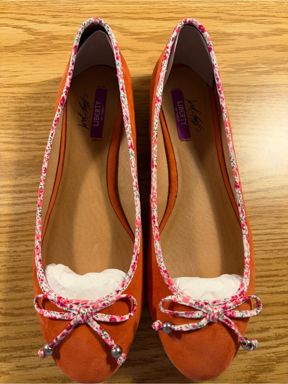 Liberty of London Pink Suede Ballet Flats with Pink Floral Trim